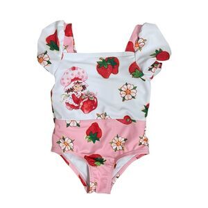 Strawberry Shortcake Baby Girls One Piece Swimsuit Puff Sleeve Pink White 12M